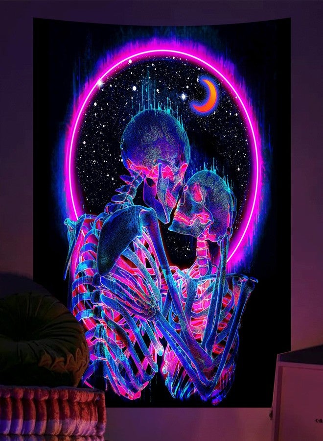 TUGCAY Blacklight Skull Tapestry Glow in the Dark Tapestry Kissing Lovers Tapestries Skeleton Neon Trippy Moon Stars Vertical Posters Wall Hanging Decor for Bedroom Aesthetic - 51.2” x 59.1” - Image 2